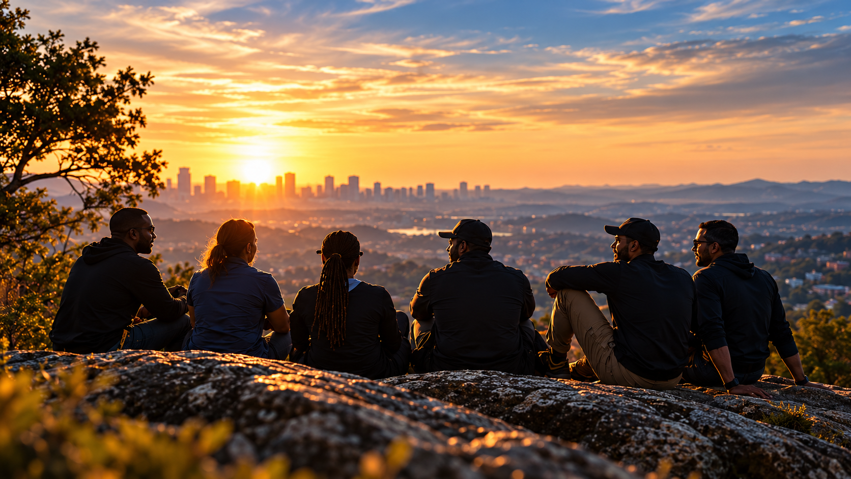 Six members of the circle sitting together on a rocky overlook at sunset, a city skyline glowing in the distance